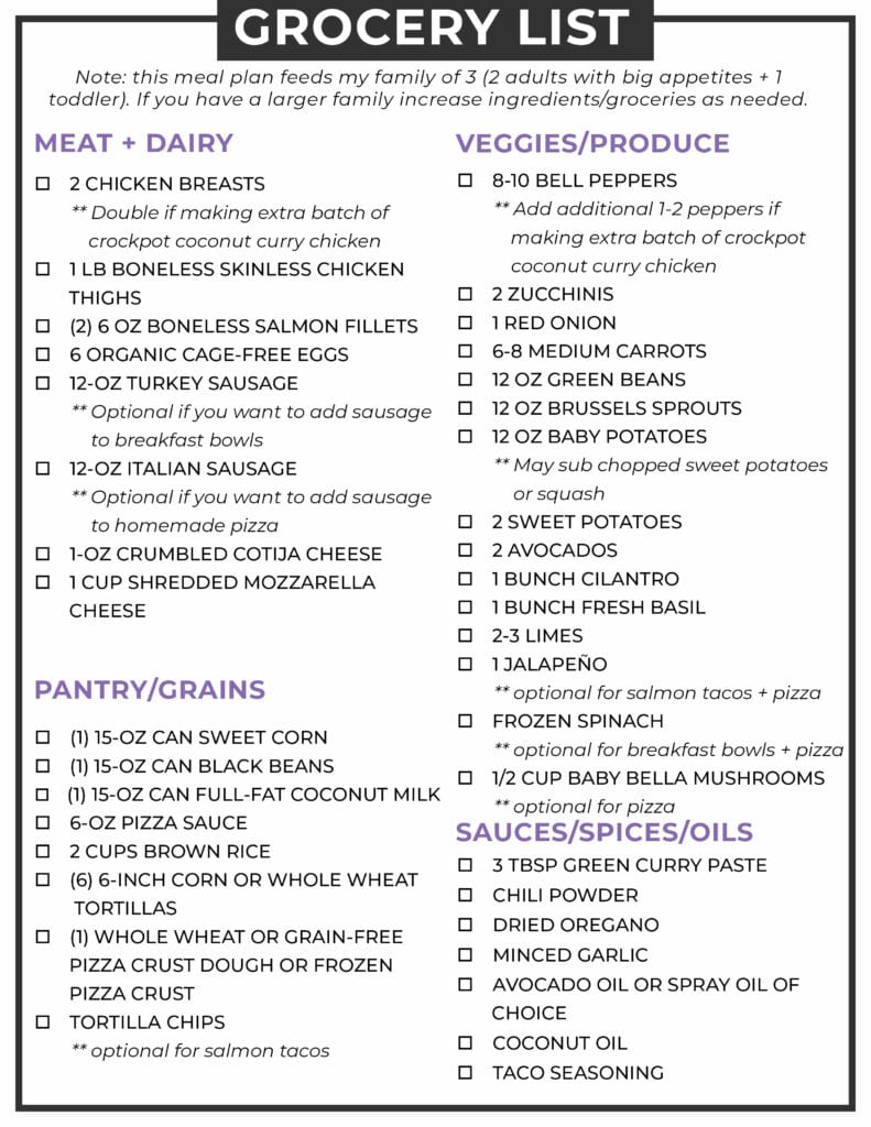 Meal Prep Grocery List | Meal Plan for Weight Loss Shopping List