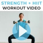 Pin for Pinterest of woman performing a HIIT workout with weights