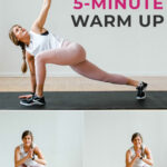 Pin for Pinterest of woman doing warm up exercises at home