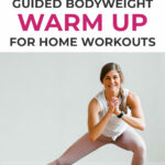 Pin for Pinterest of woman doing warm up exercises at home
