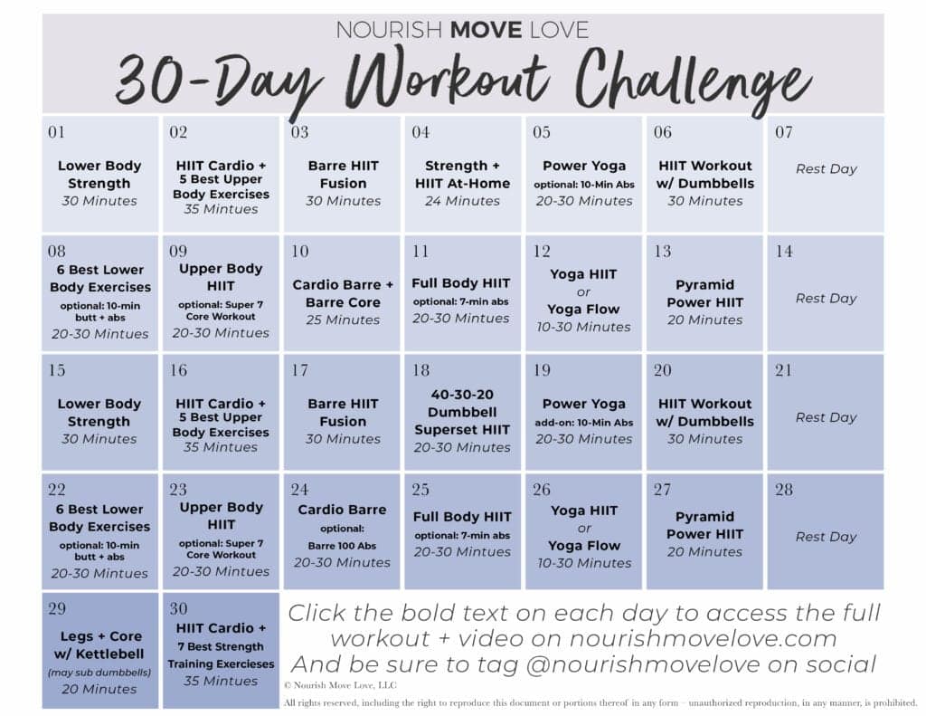 Free 30 Day Workout Challenge Workout Calendar Nourish