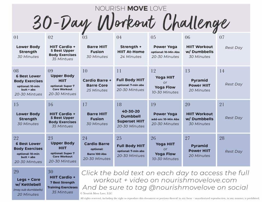 FREE 30 Day Workout Challenge + Workout Calendar Nourish Move Love