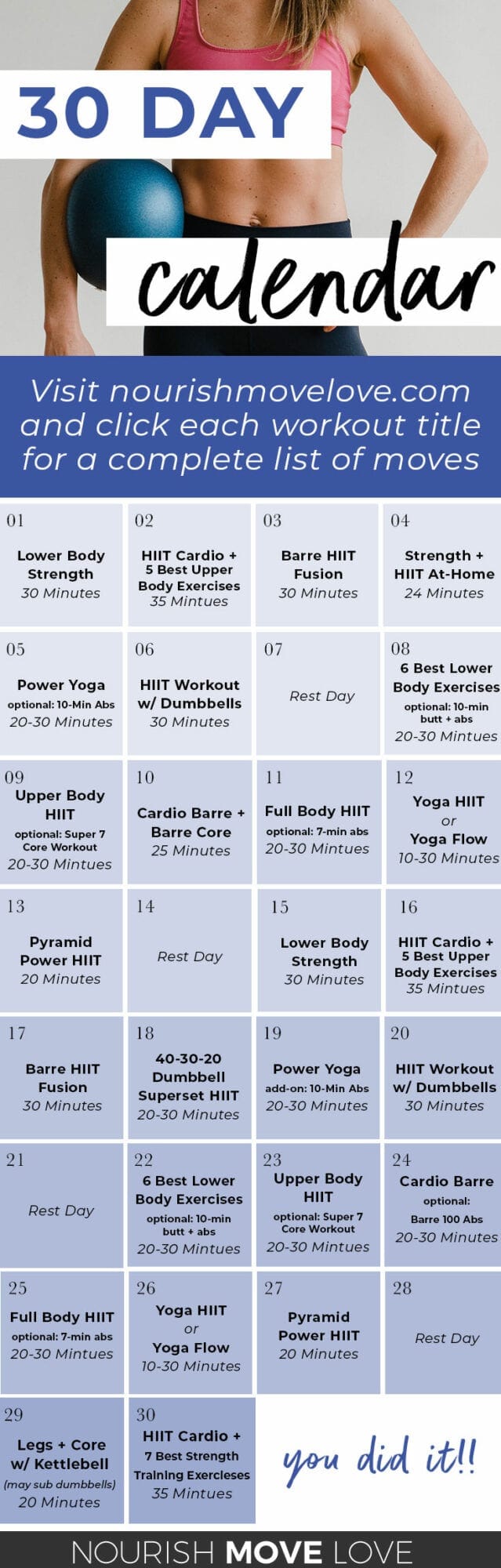 Workout calendar for women at home