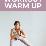 Pin for Pinterest of woman doing warm up exercises at home