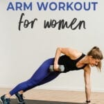 Pin for Pinterest Toned Arms Workout for Women - woman performing a plank and row with dumbbells