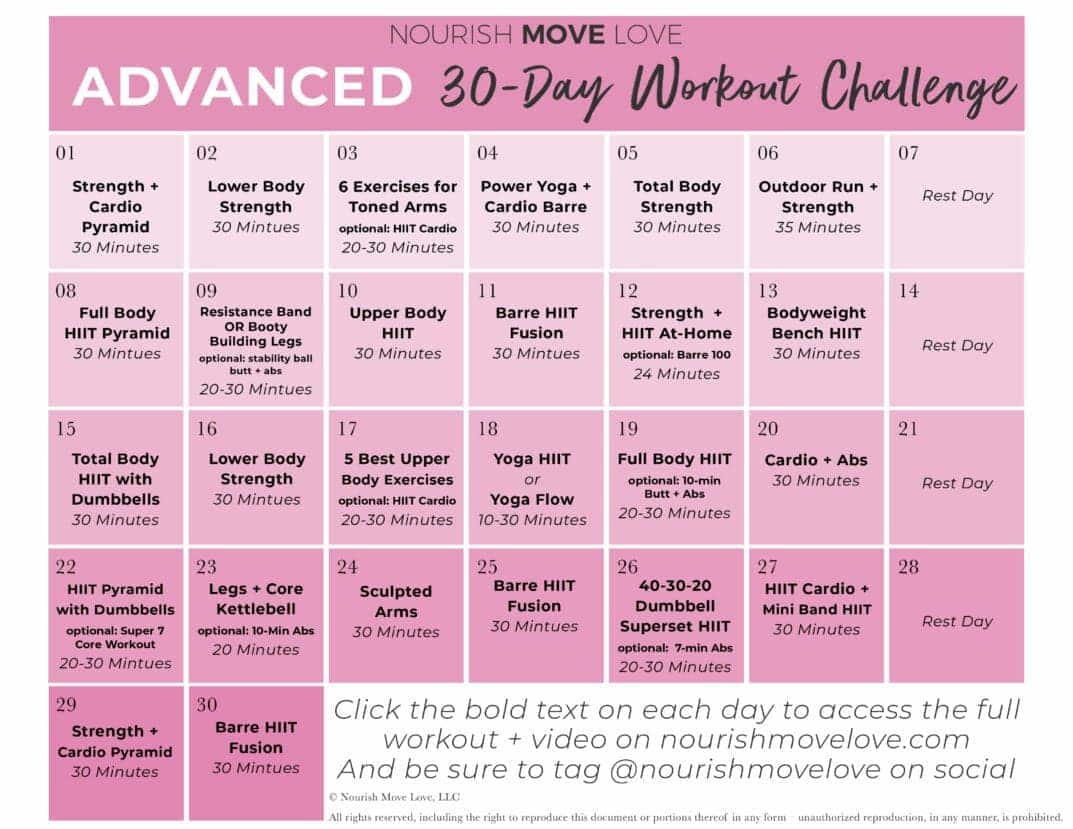 6 Day The Work Workout Calendar for Fat Body
