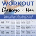 Pin for Pinterest of fitness beginner workout plan - shows calendar graphic of 30-day plan and woman performing a bicep curl hold