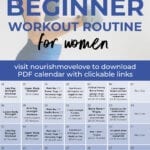 Pin for Pinterest of fitness beginner workout plan - shows calendar graphic of 30-day plan and woman performing a bicep curl hold