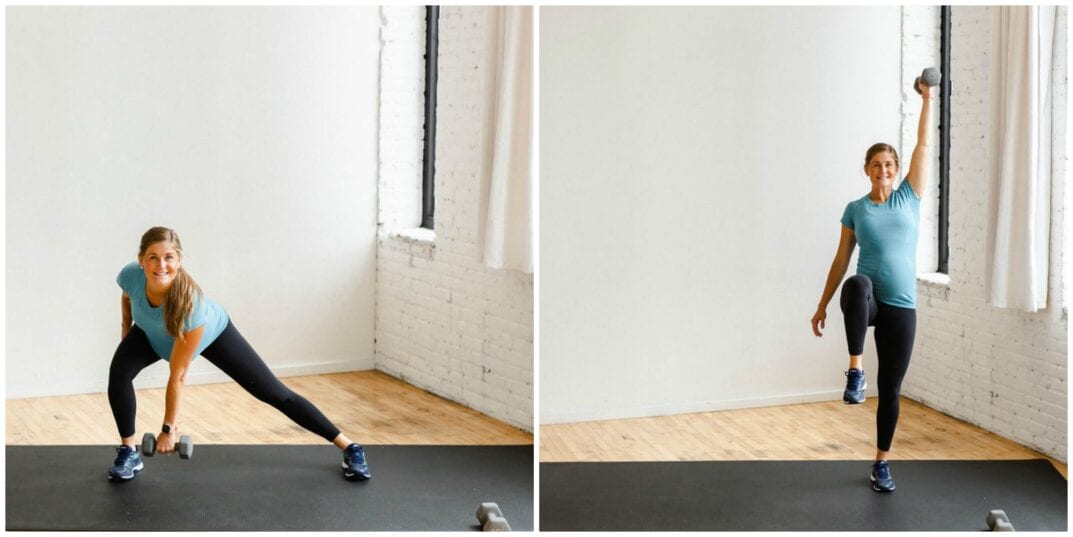 Lateral Lunge and Balance Press free weight exercises Nourish, Move, Love