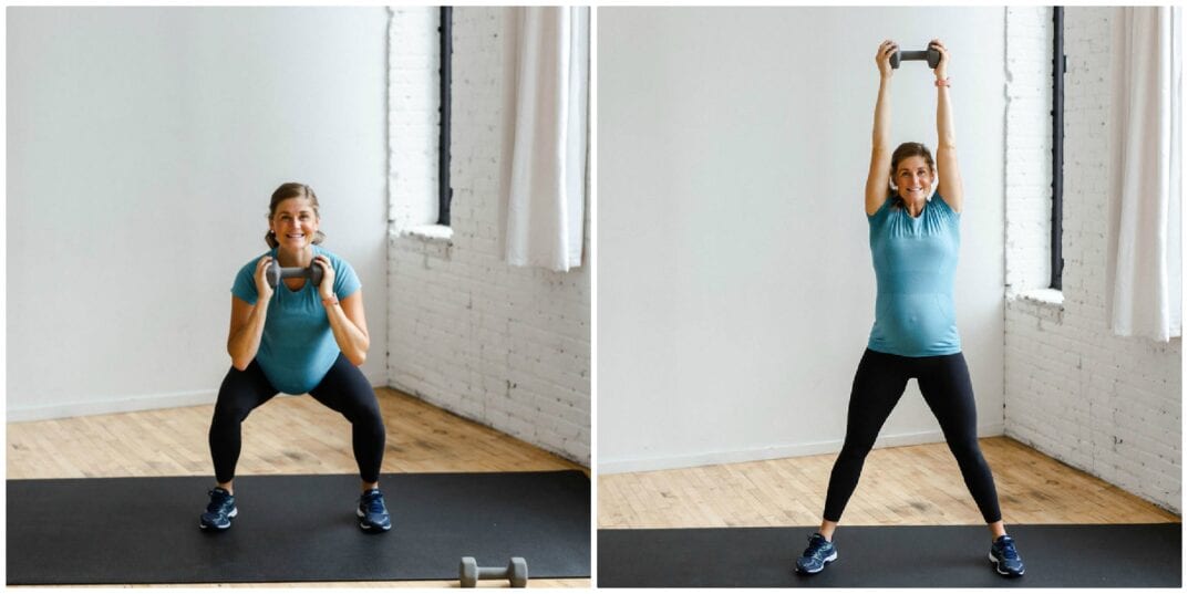 pulse squat press jack exercise with dumbbells Nourish