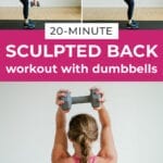 Pin for Pinterest back workout for women - shows woman performing a back exercise