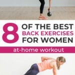 Pin for Pinterest back workout for women - shows woman performing a back row