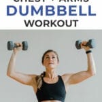 Pin for Pinterest of woman performing dumbbell chest exercises in a chest workout