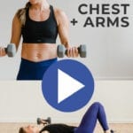 Pin for Pinterest of woman performing dumbbell chest exercises in a chest workout