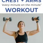 Pin for Pinterest of woman performing dumbbell chest exercises in a chest workout