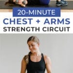 Pin for Pinterest of woman performing dumbbell chest exercises in a chest workout