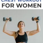 Pin for Pinterest of woman performing dumbbell chest exercises in a chest workout