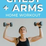 Pin for Pinterest of woman performing dumbbell chest exercises in a chest workout