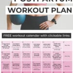 Pin for Pinterest of 30-Day Postpartum Workout Plan Calendar Graphic and Postpartum Woman with a Pilates Ball