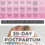 Pin for Pinterest of 30-Day Postpartum Workout Plan Calendar Graphic and Postpartum Woman with a Pilates Ball