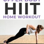 Decorative pin for pinterest - woman performing a dumbbell hiit workout