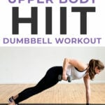 Decorative pin for pinterest - woman performing a dumbbell hiit workout