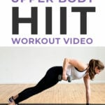 Decorative pin for pinterest - woman performing a dumbbell hiit workout