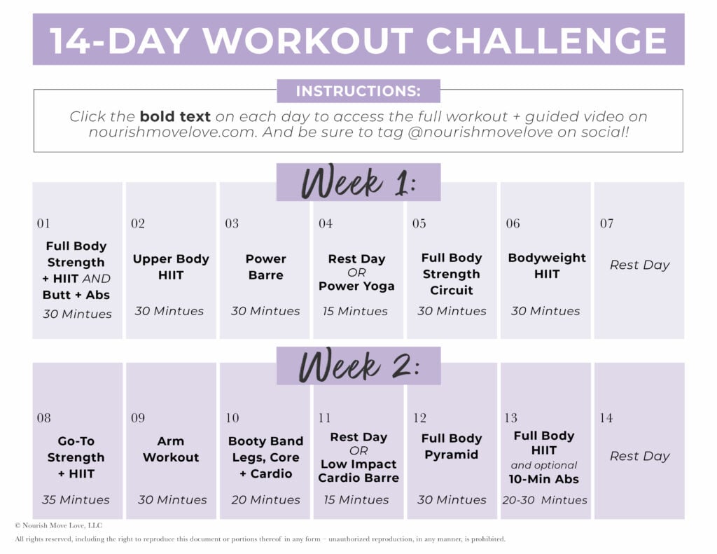 14 Day Workout Challenge Calendar