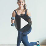 Pin for Pinterest 7 Best Strength Training Exercises for Women - woman performing a lunge and curl