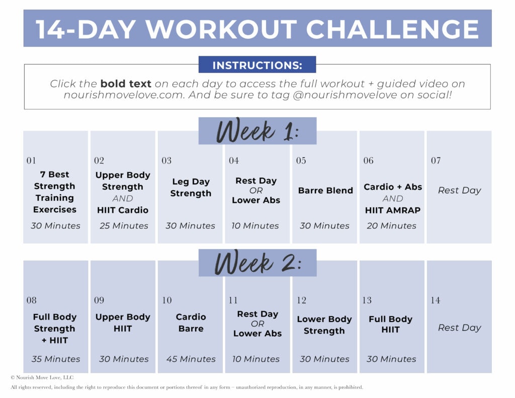 14 Day Challenge daily workout calendar