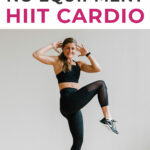 Pin for Pinterest of woman performing a HIIT cardio workout at home