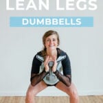 Pin for Pinterest of woman performing leg exercises with dumbbells