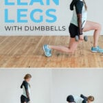 Pin for Pinterest of woman performing leg exercises with dumbbells