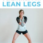 Pin for Pinterest of woman performing leg exercises with dumbbells