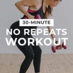 Pin for Pinterest of woman performing full body exercises in a 30 minute HIIT workout