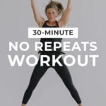 Pin for Pinterest of woman performing full body exercises in a 30 minute HIIT workout