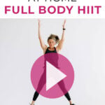 Pin for Pinterest of woman performing full body exercises in a 30 minute HIIT workout