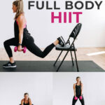 Pin for Pinterest of woman performing full body exercises in a 30 minute HIIT workout