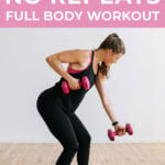 Pin for Pinterest of woman performing full body exercises in a 30 minute HIIT workout