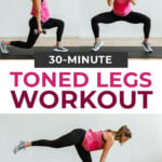 Pin for Pinterest of woman performing leg day exercises