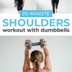 Pin for Pinterest of shoulder workout for women. Woman performing shoulder strength exercises