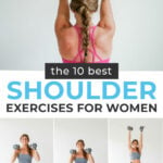 Pin for Pinterest of shoulder workout for women. Woman performing shoulder strength exercises