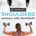 Pin for Pinterest of shoulder workout for women. Woman performing shoulder strength exercises