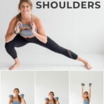 Pin for Pinterest of shoulder workout for women. Woman performing shoulder strength exercises