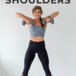 Pin for Pinterest of shoulder workout for women. Woman performing shoulder strength exercises