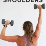 Pin for Pinterest of shoulder workout for women. Woman performing shoulder strength exercises