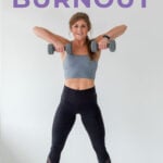 Pin for Pinterest of shoulder workout for women. Woman performing shoulder strength exercises