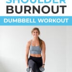 Pin for Pinterest of shoulder workout for women. Woman performing shoulder strength exercises