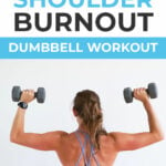 Pin for Pinterest of shoulder workout for women. Woman performing shoulder strength exercises