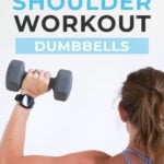 Pin for Pinterest of shoulder workout for women. Woman performing shoulder strength exercises